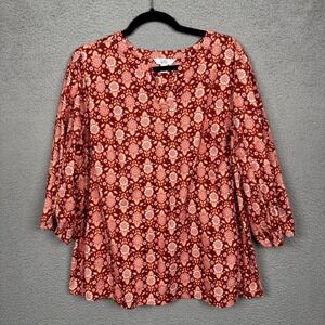 Croft & Barrow Top‎ Womens 1X Red Orange Floral Boho Peasant Office Career Fall